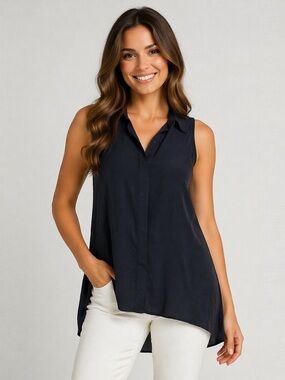 Acrobat 100% Silk Sleeveless Blouse | XS | Black Hi-Low Hem